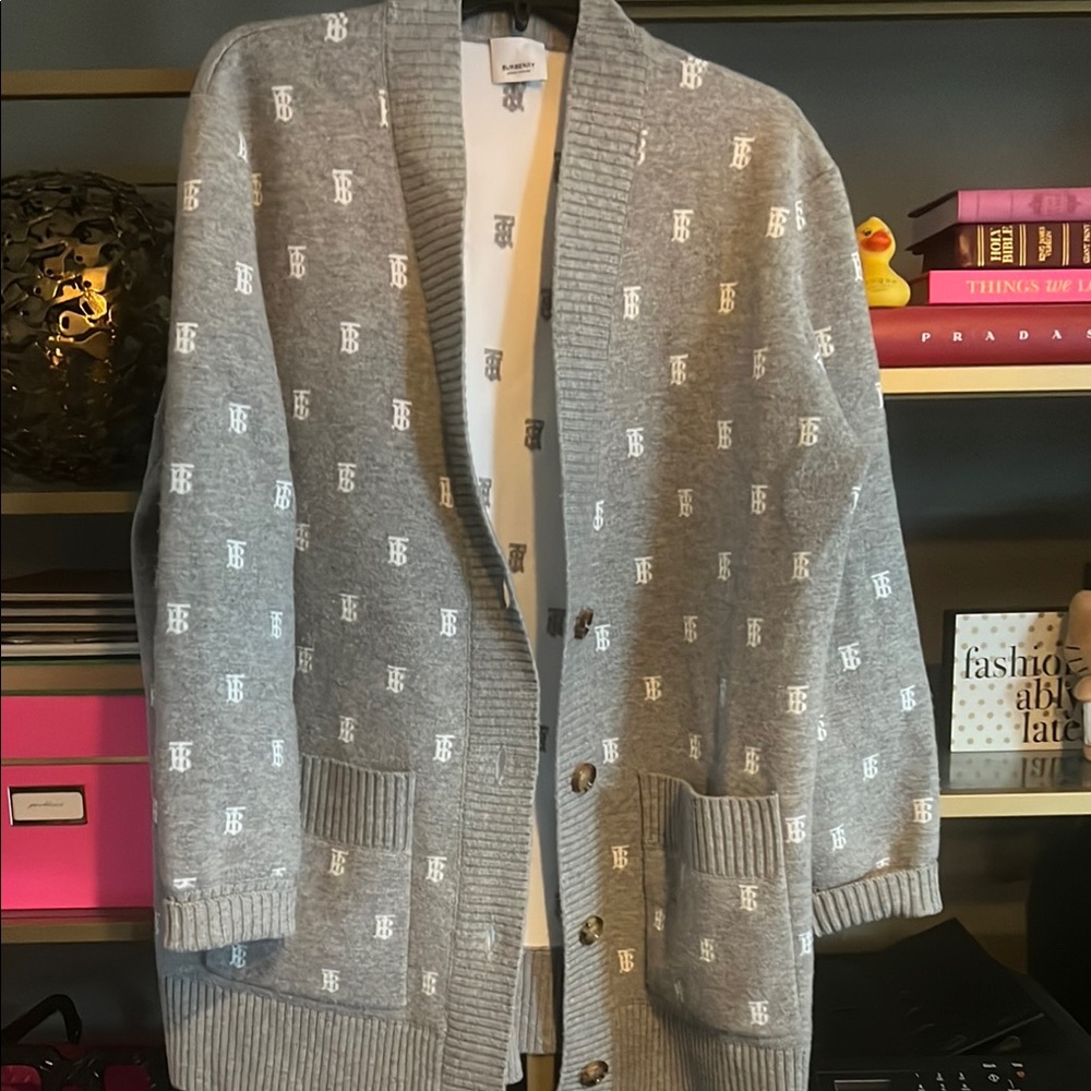 Authentic Burberry Gray and White Cardigan with Logo Pattern